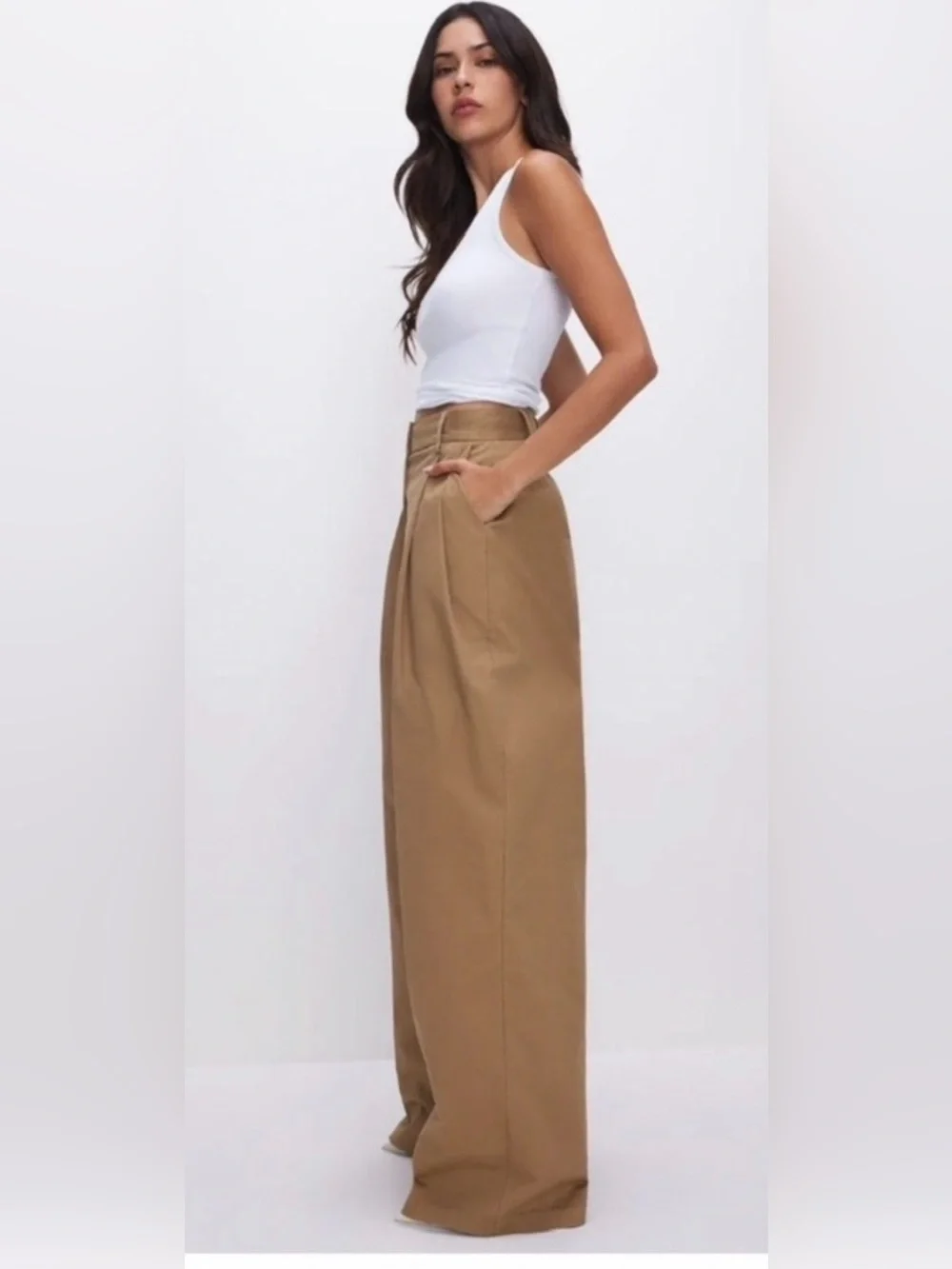 NWT New! Good American 90’s pleated khaki trousers cotton pants 6/28 - Picture 1 of 10